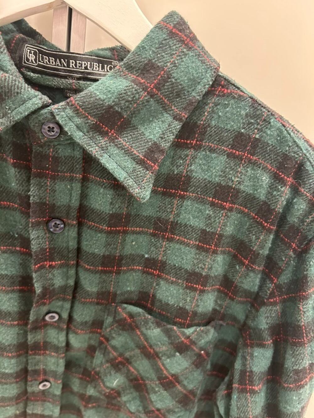 Mens Green Black Plaid Long Sleeve Flannel Shirt w/Pockets Size M